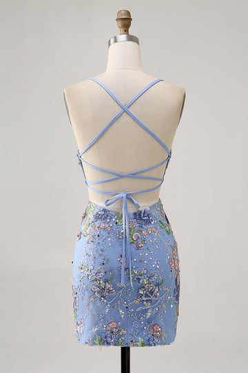 Floral Blue Appliqued Homecoming Dress with Sequins